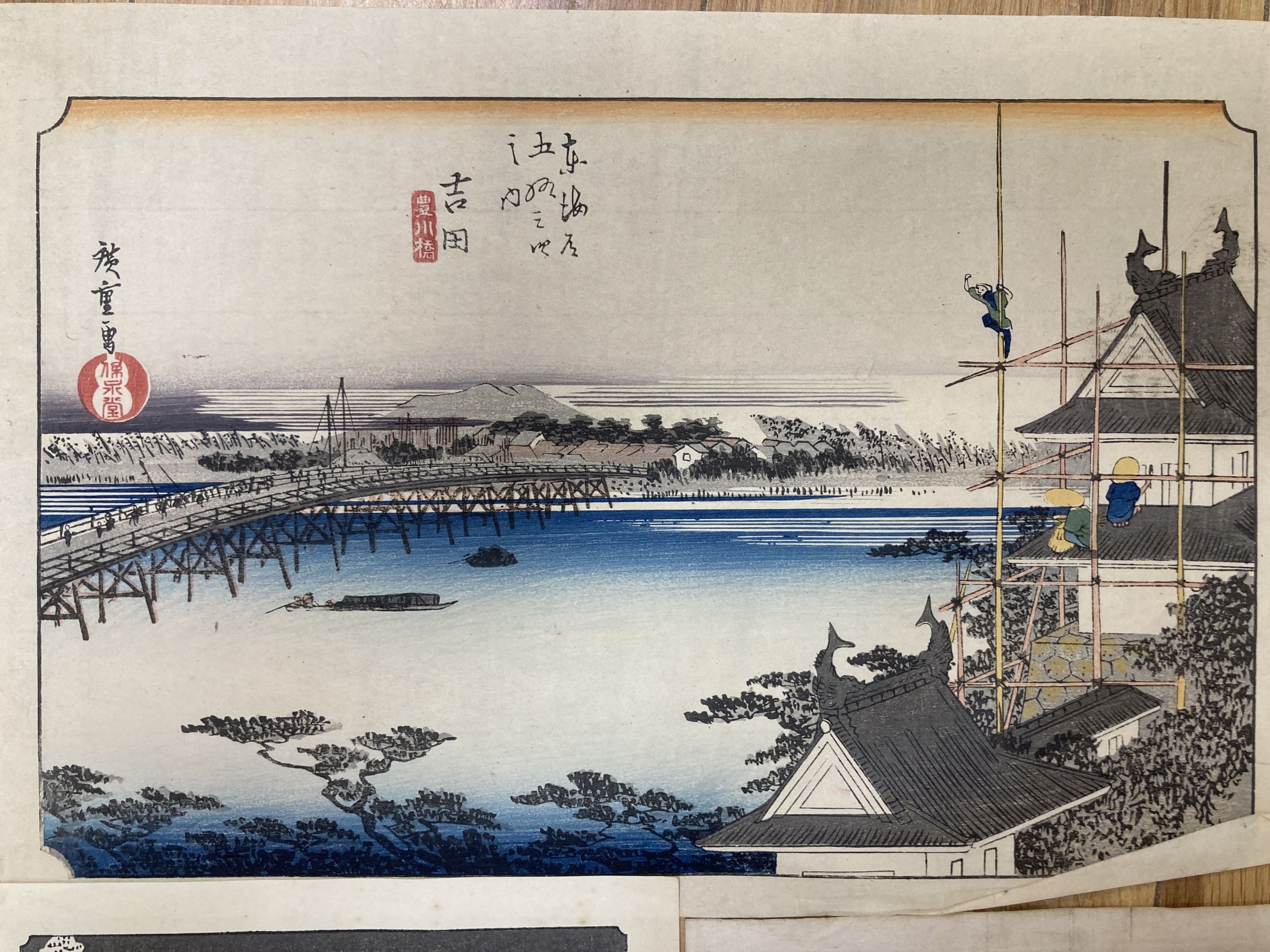 Three assorted Japanese wood block prints and European prints, largest 40 x 26cm, unframed